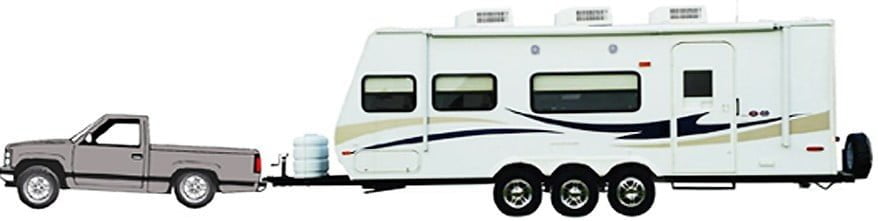 Image of a small pickup towing too much caravan nose weight - a huge caravan.